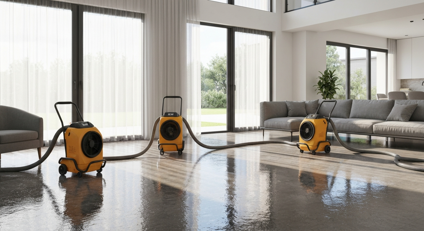 Air movers drying a living room floor after water damage