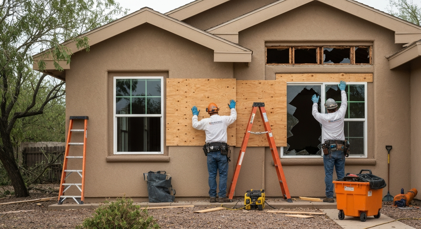 Crew boarding up a broken window after storm damage in Tucson