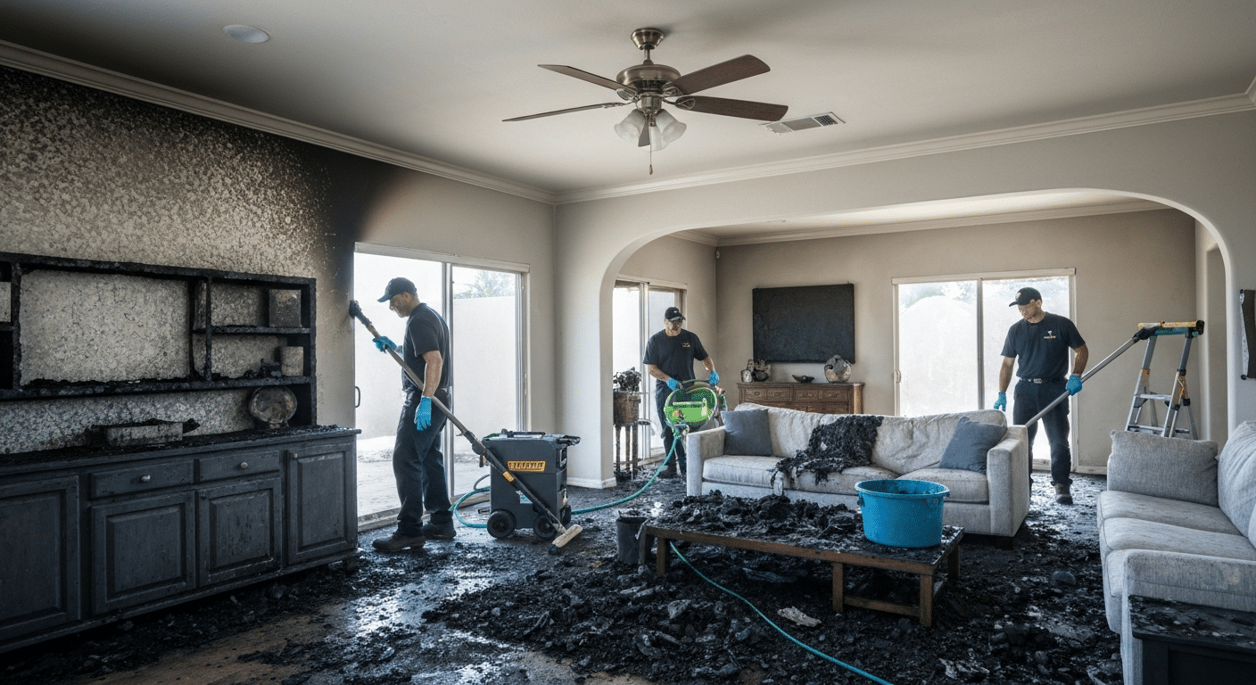 Crew cleaning a fire-damaged living room in Sahuarita