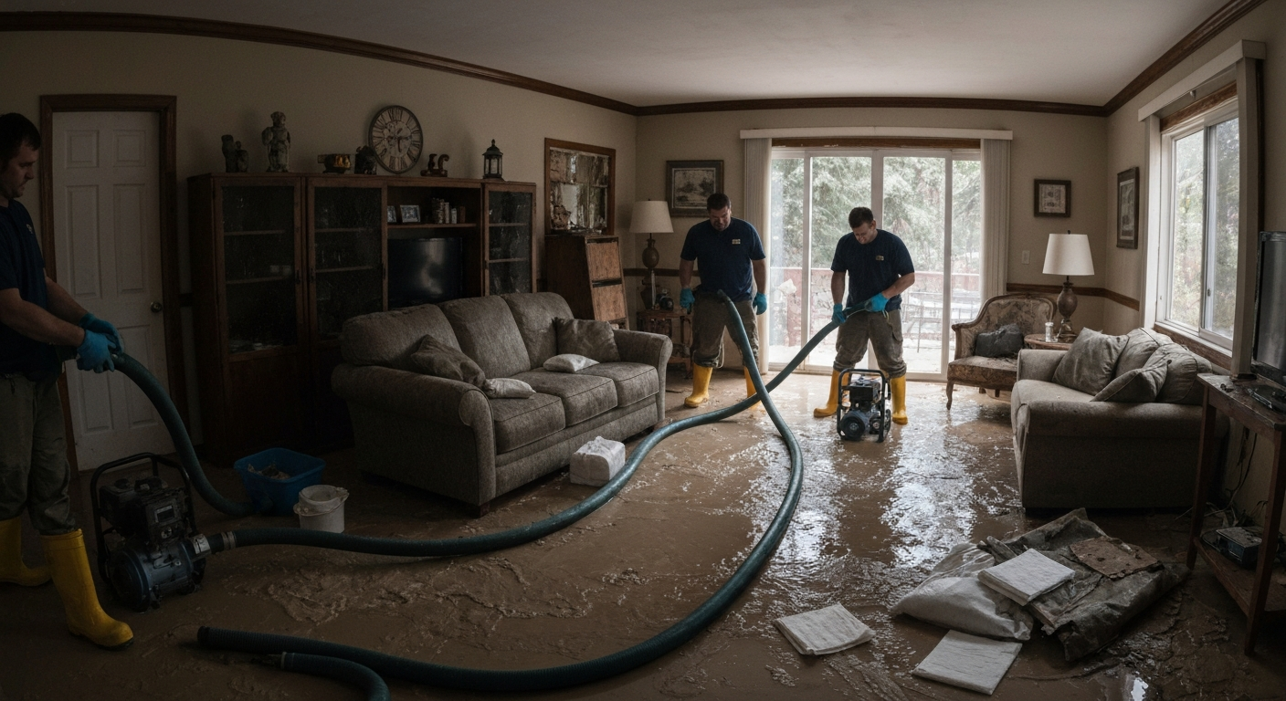 Crew extracting water from a flooded living room