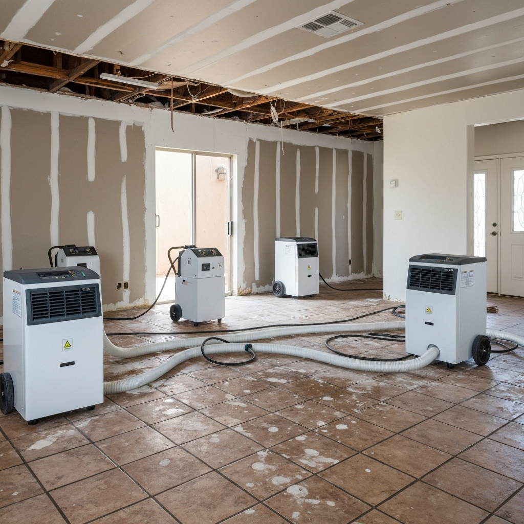 Dehumidifiers drying a gutted room during water damage restoration in Tucson