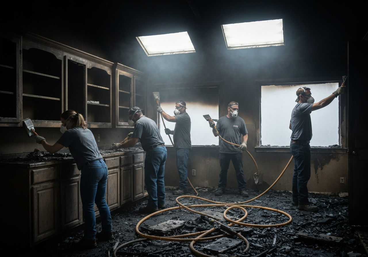 Crew cleaning a fire-damaged kitchen during fire damage restoration