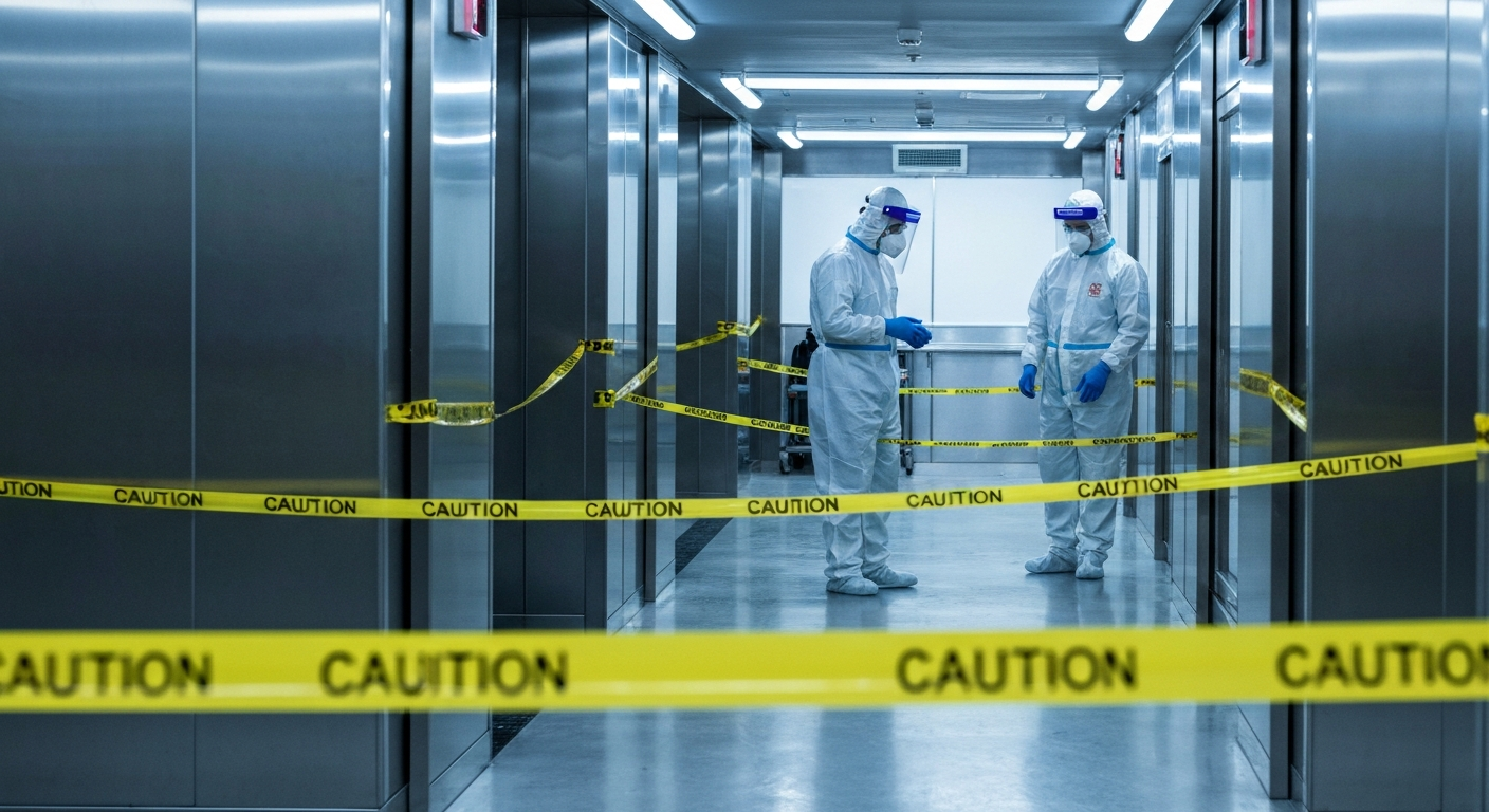 Biohazard cleanup crew working behind caution tape in Tucson