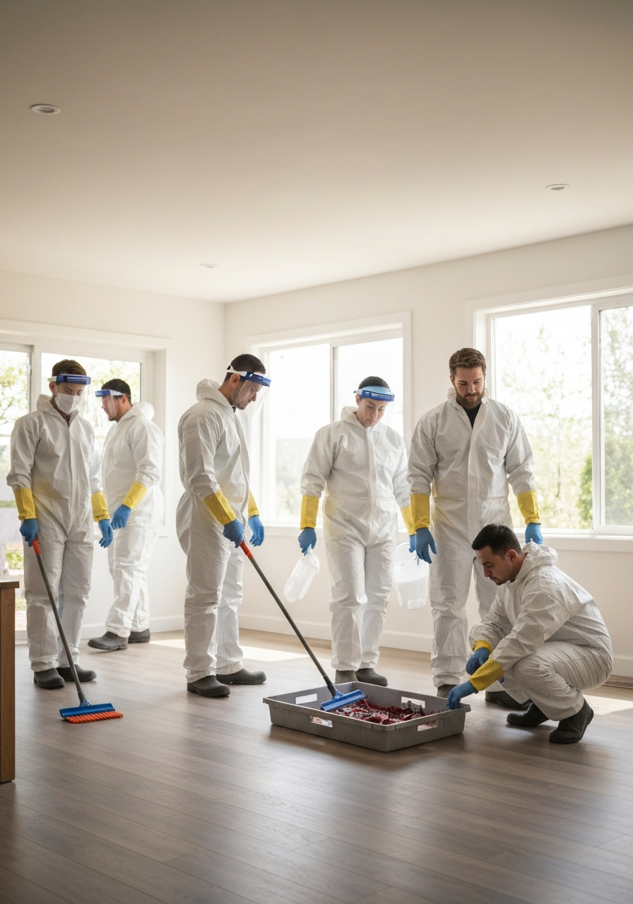 Unattended death cleanup crew in protective suits cleaning a floor