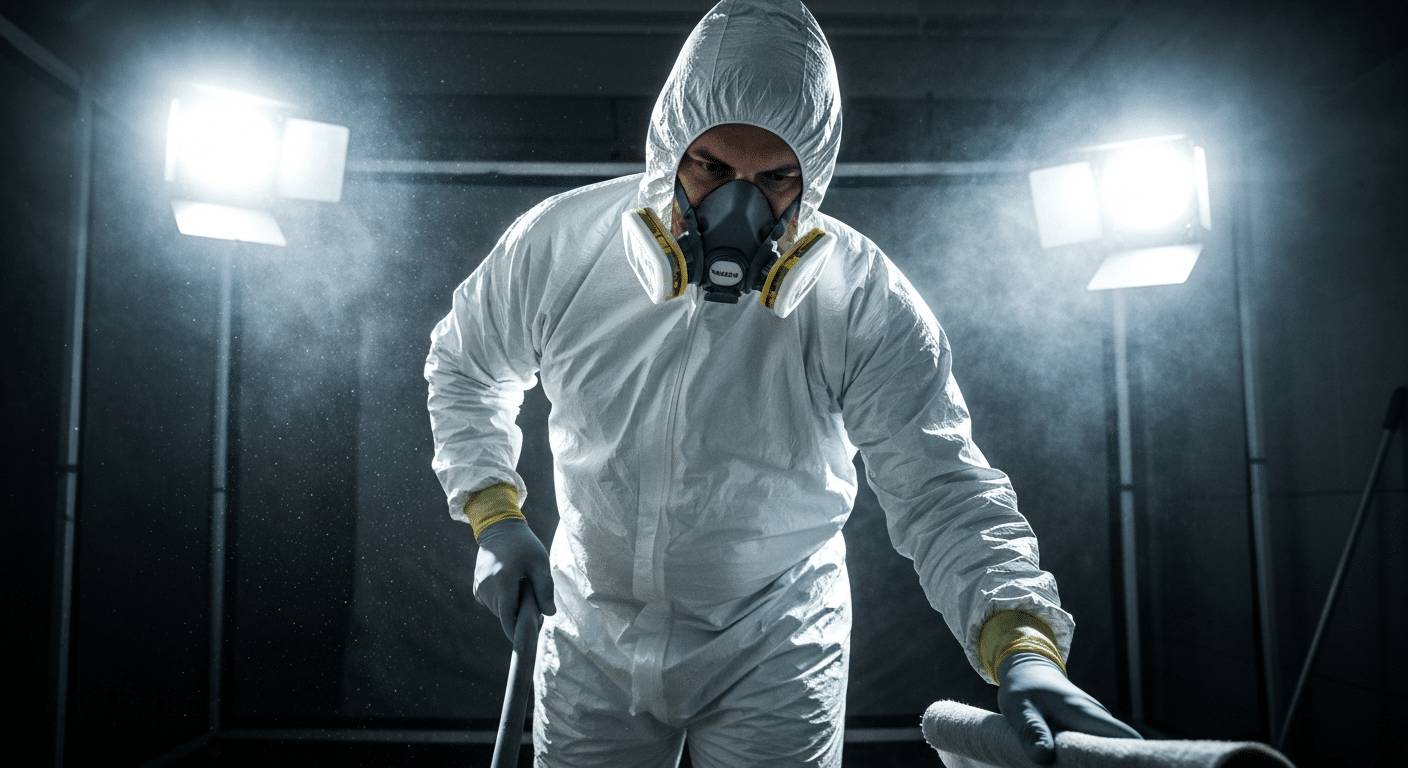 Biohazard cleanup technician in a hazmat suit under work lights