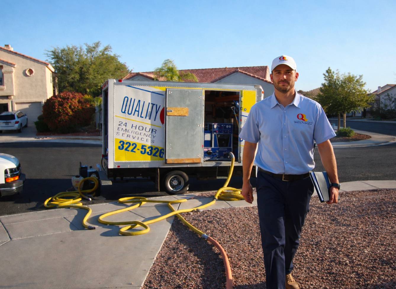 Quality Restoration technician arriving at a Tucson home with extraction hoses