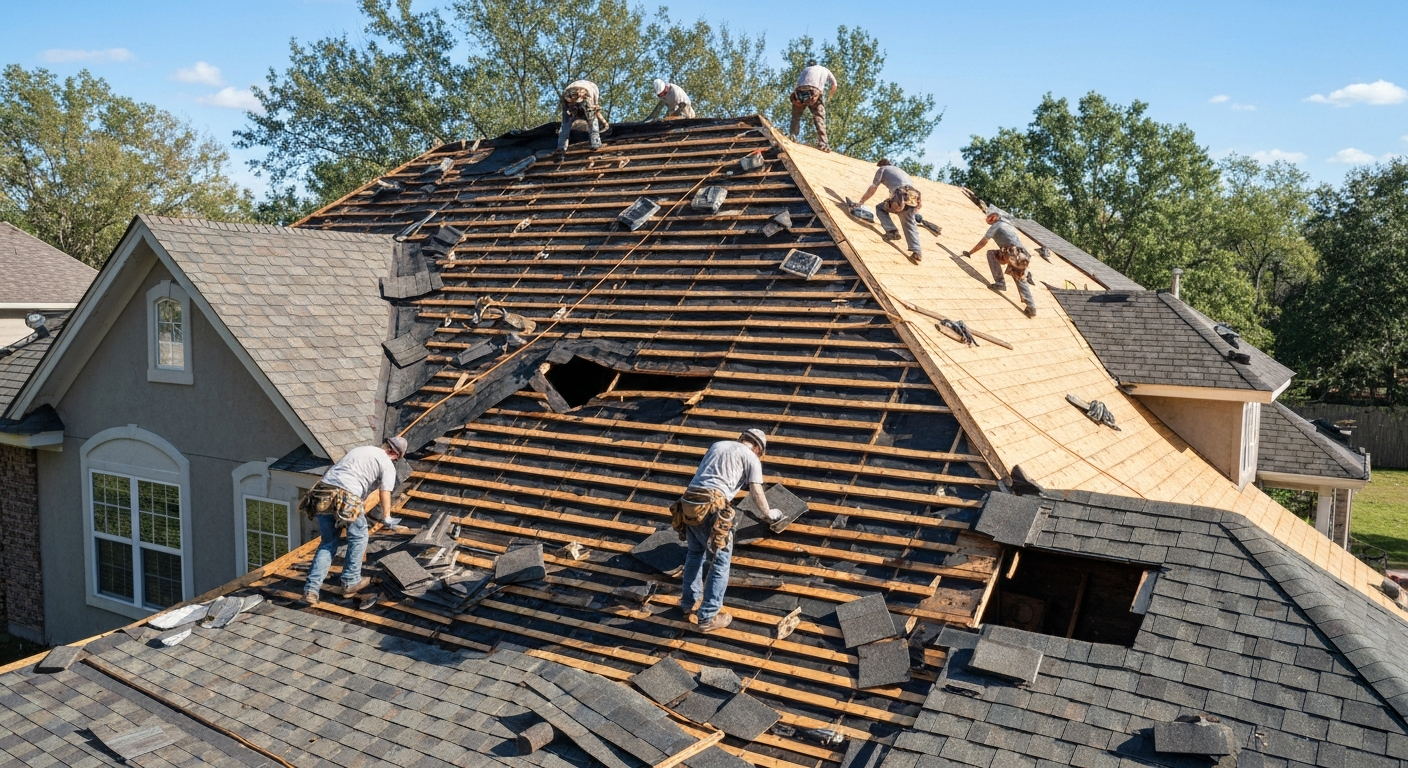 Roofers replacing a storm-damaged roof