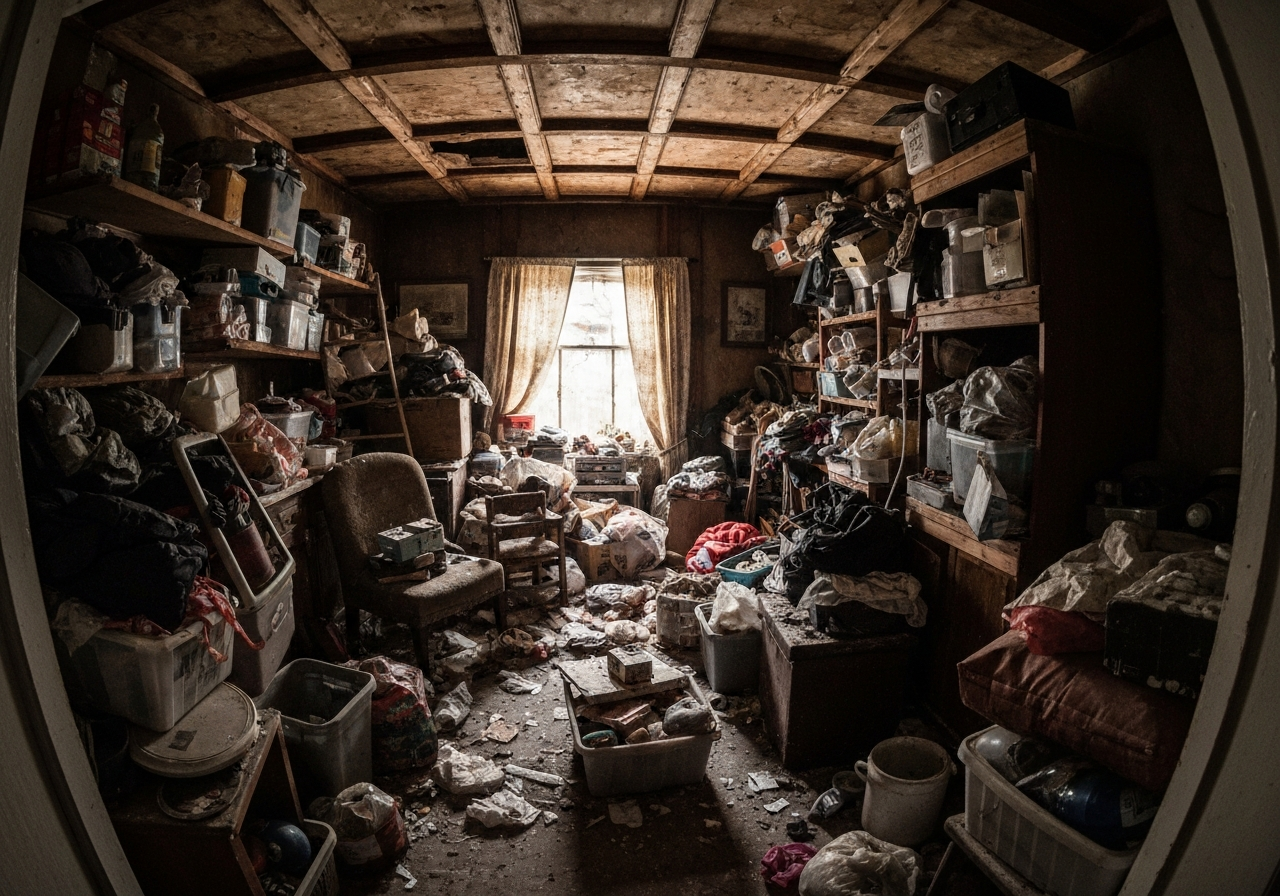 Room packed with belongings before hoarding cleanup in Tucson