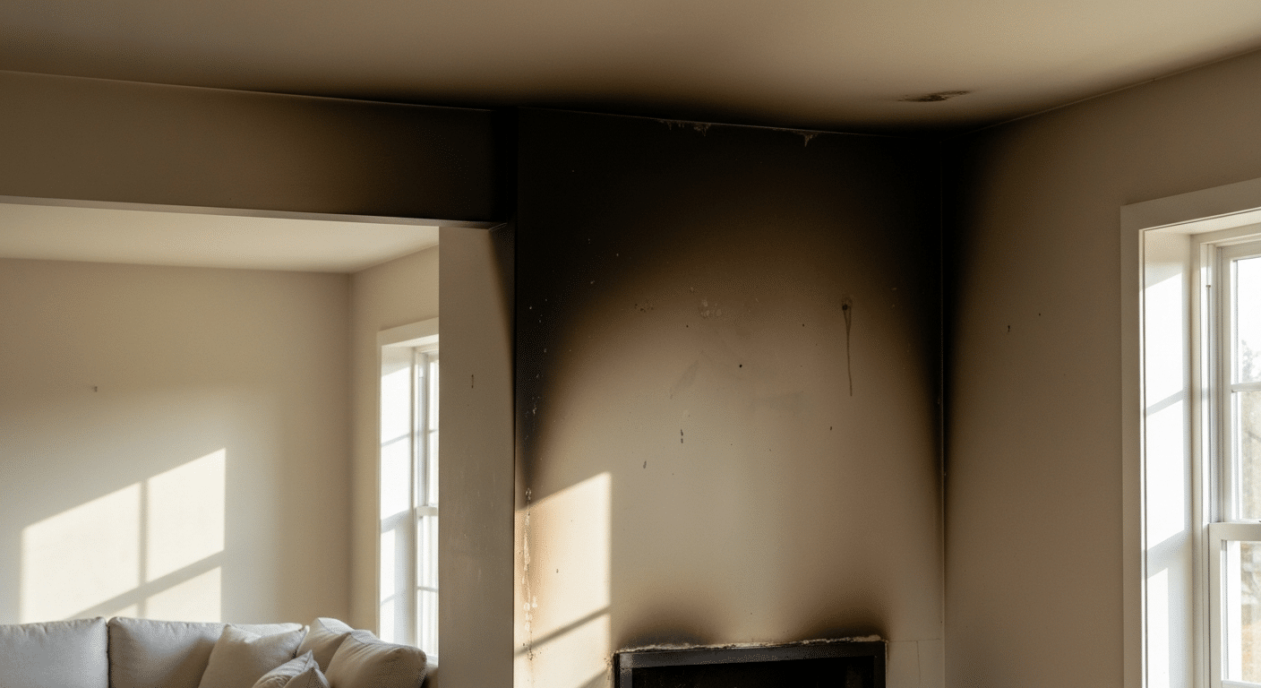 Smoke and soot damage above a fireplace before fire damage restoration