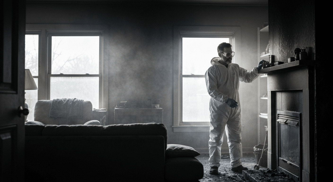 Technician cleaning a smoke-damaged living room in Oro Valley
