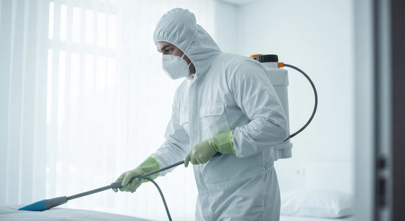 Crime scene cleanup technician spraying disinfectant in protective gear