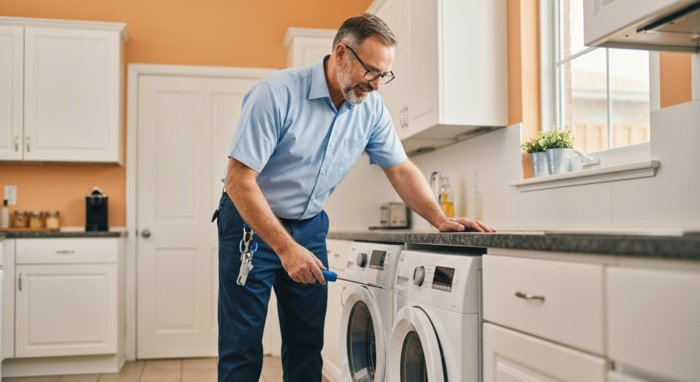 Technician inspecting a laundry room washer in a Green Valley home