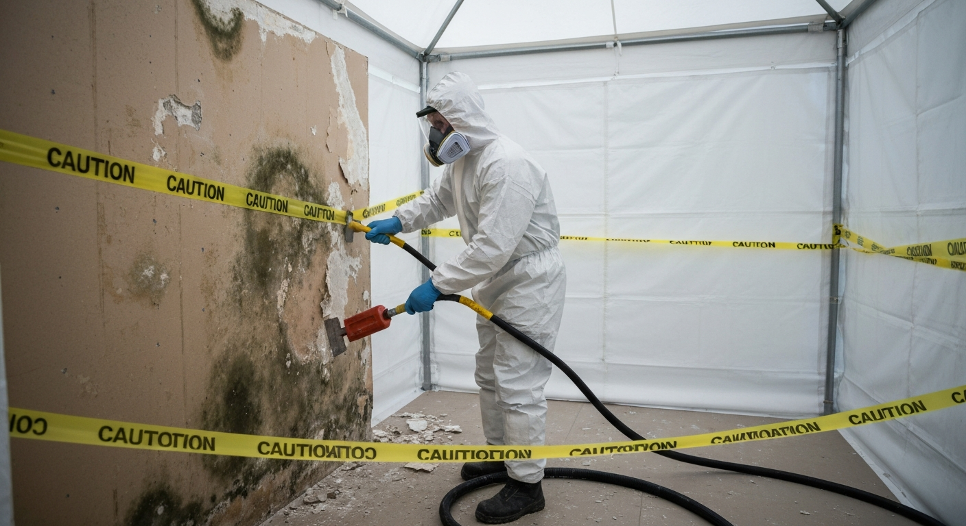 Technician removing moldy drywall inside containment