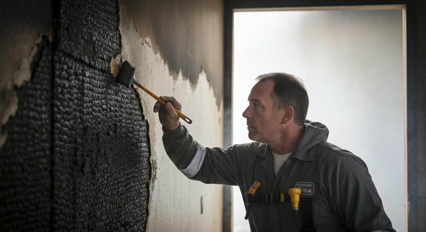 Technician scraping a charred wall after a fire