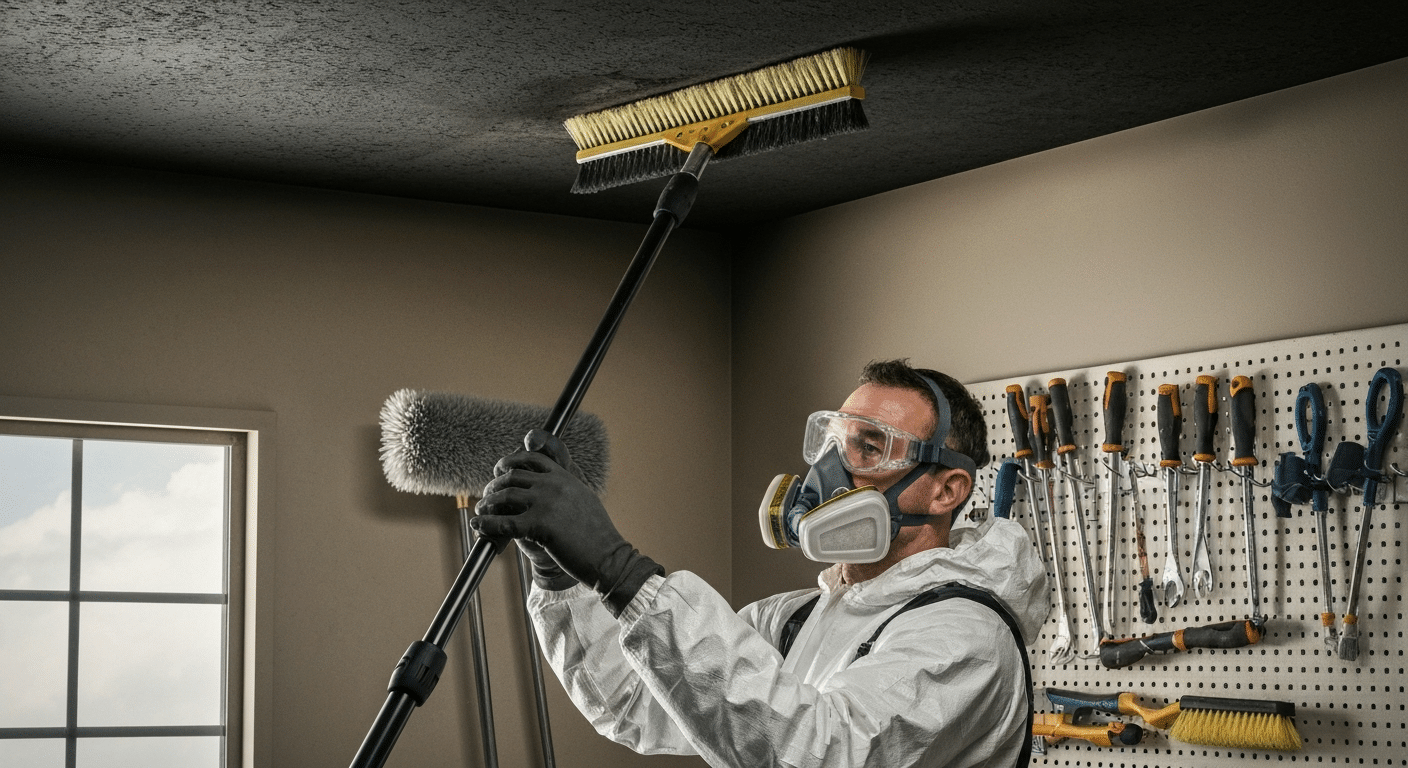 Technician scrubbing soot from a ceiling during fire damage restoration