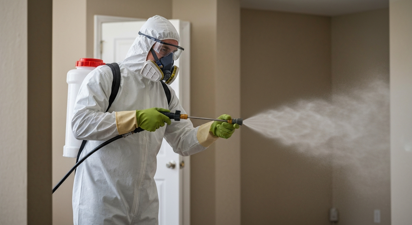Technician in a hazmat suit misting disinfectant after sewage cleanup